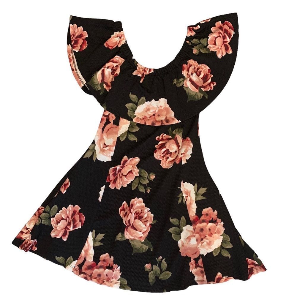 J for Justify Black Floral Off-Shoulder Dress with Pink Rose Print